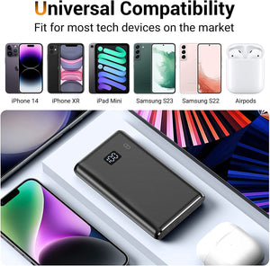 Kurdene Portable Charger Waterproof 10000mAh Power Bank LED Display Ultra Slim Fast Charging External Battery Pack