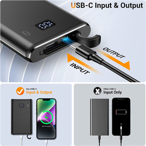 Kurdene Portable Charger Waterproof 10000mAh Power Bank LED Display Ultra Slim Fast Charging External Battery Pack